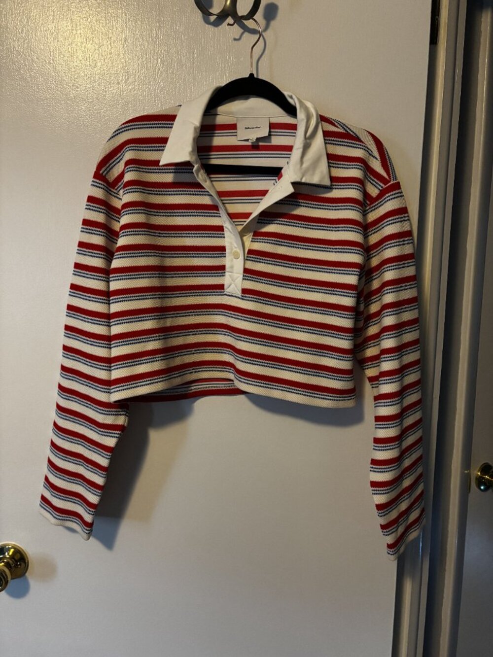 Reformation Anna Rugby Shirt in Red and Blue Stripe, Size Small - Picture 2 of 5